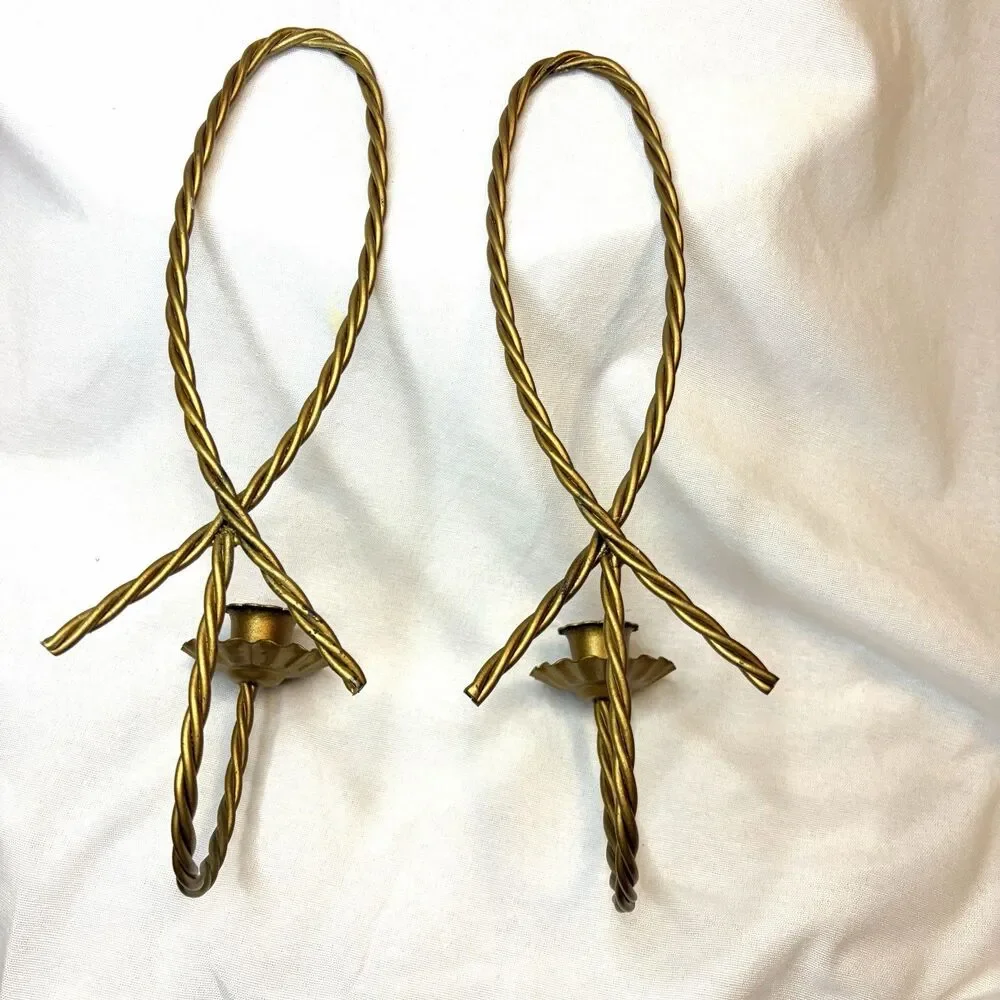 Set of 2 Home Interior Homco Metal Twisted Gold Rope Candle Holder Wall Sconces